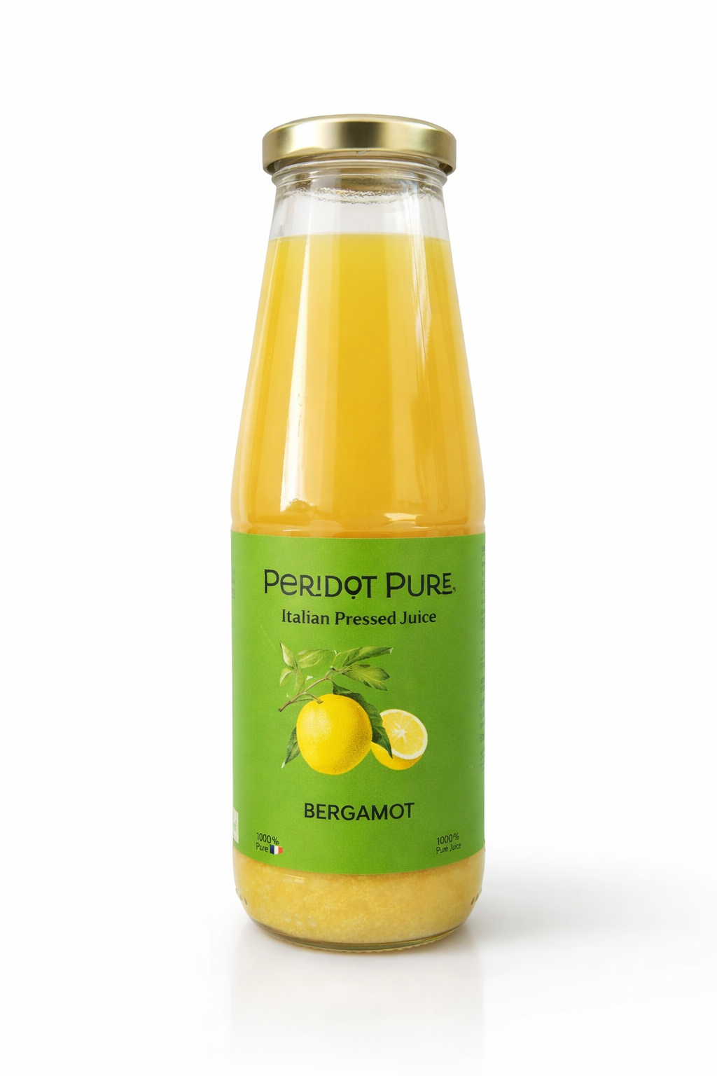 24.3 oz bottle of Peridot Pure Bergamot juice on a white background