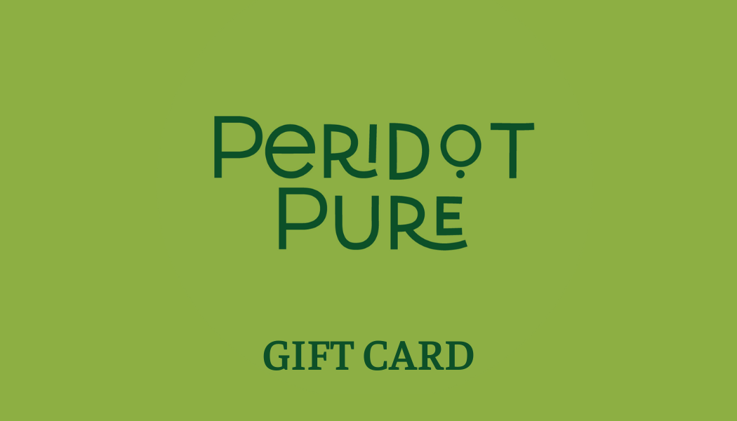 A green gift card with the logo and text 'Peridot Pure' and 'Gift Card'.