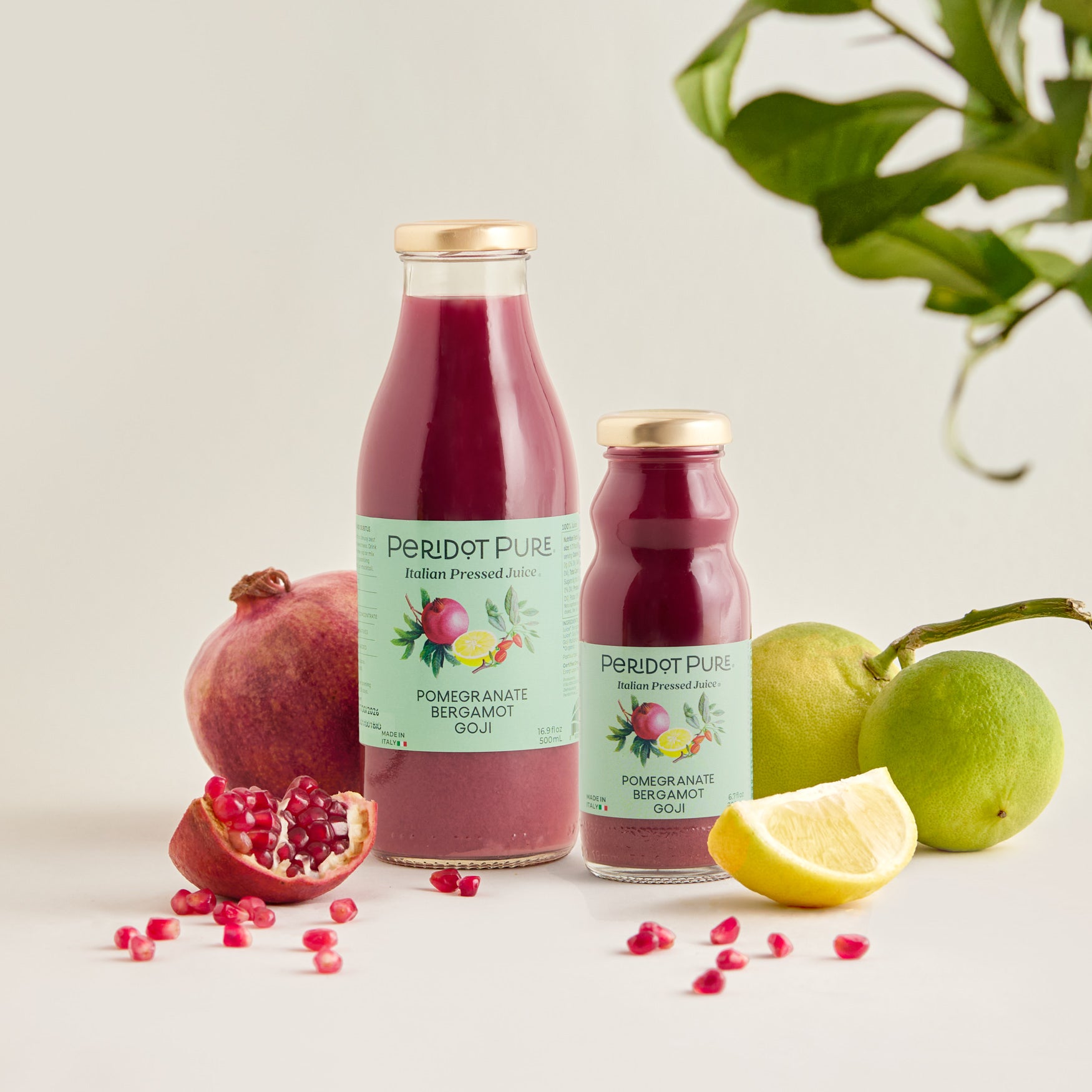 Peridot Pure Pomegranate Bergamot Goji Italian Pressed Juices, 16.9 fl oz and 6.7 fl oz