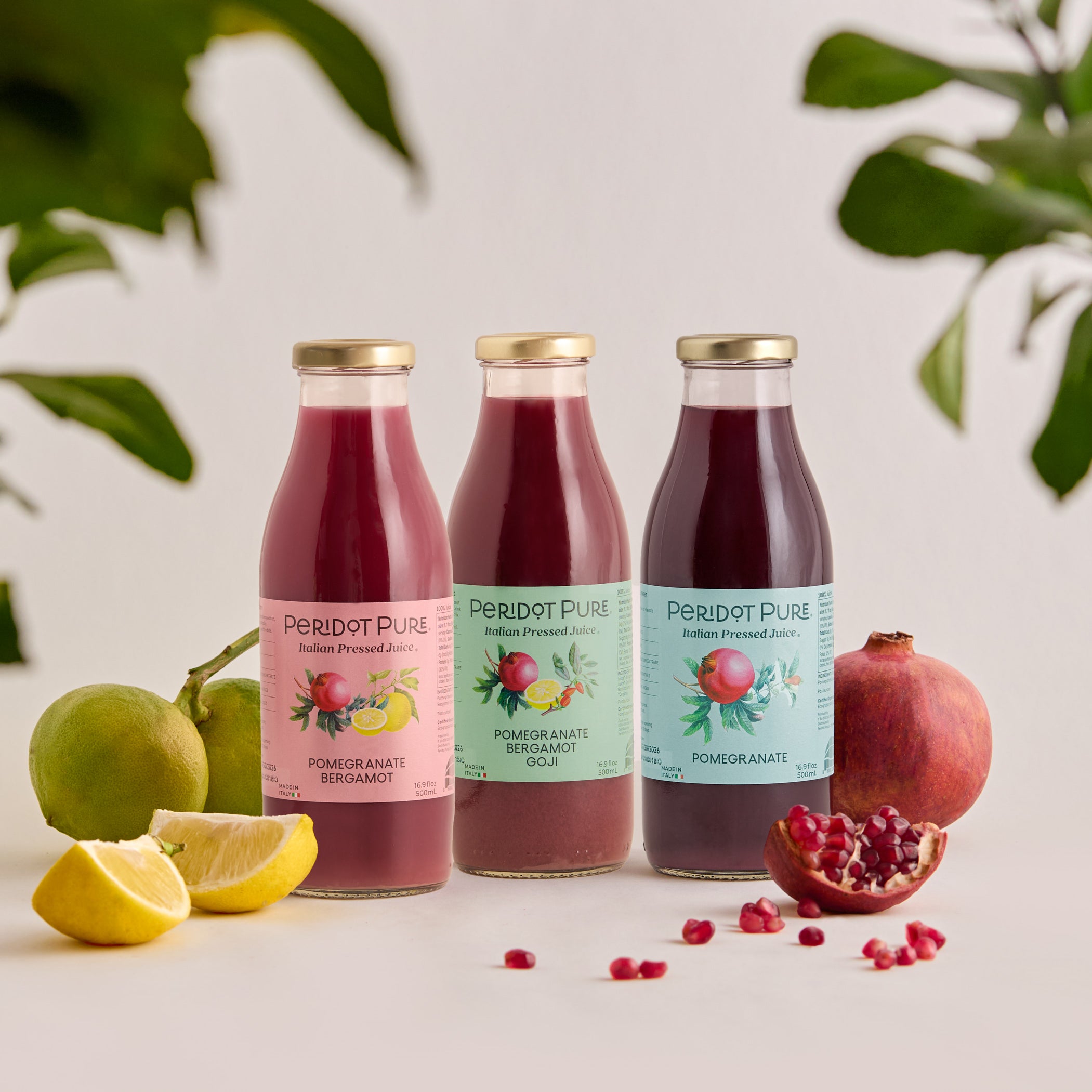 Peridot Pure Italian Pressed Juices, 16. 9 fl oz - Pomegranate, Pomegranate Bergamot Italian, and Pomegranate Bergamot Goji
